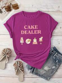 [Último Modelo] Camiseta Estampada con Diseño Cake Dealer, Camiseta Básica Casual de Cuello Redondo, Camiseta de Manga Corta para Vacaciones de Primavera/Verano, Ropa Deportiva para Mujer, Ropa Nueva para Mujer, Lavable a Máquina - Verde Oscuro - Ver 6