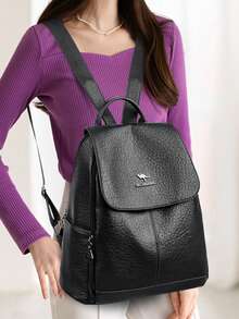 2026 New High-Quality Soft PU Leather Women's Backpack, Vintage Solid Color Large Capacity Travel Student Backpack For Girls - Black - View 12