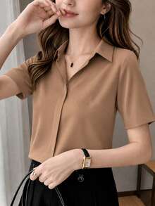 Solid Color Short Sleeve Satin Blouse, Chic Hong Kong Style - Brown - View 6