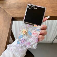 Custodia pieghevole per telefono con texture a piuma e fiori 3D con catena, adatta per Samsung Galaxy Z Flip3 5G/Galaxy Z Flip 4 5G/Galaxy Z Flip 5 5G/Galaxy Z Flip 6 5G/Galaxy Z Flip 7 5G, nuova custodia pieghevole artistica per telefono - Multicolore - Visualizzare 3