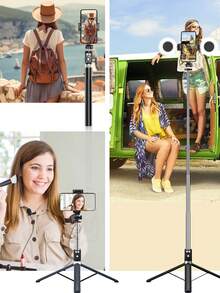 Palo de selfie con trípode, control remoto Bluetooth, luz LED de 3 colores, adecuado para grabación de video y vida, telescópico, rotación de 360°, anti-vibración, plegable y portátil, compatible con iPhone y Android, 170cm/66.9 pulgadas - A - Ver 7