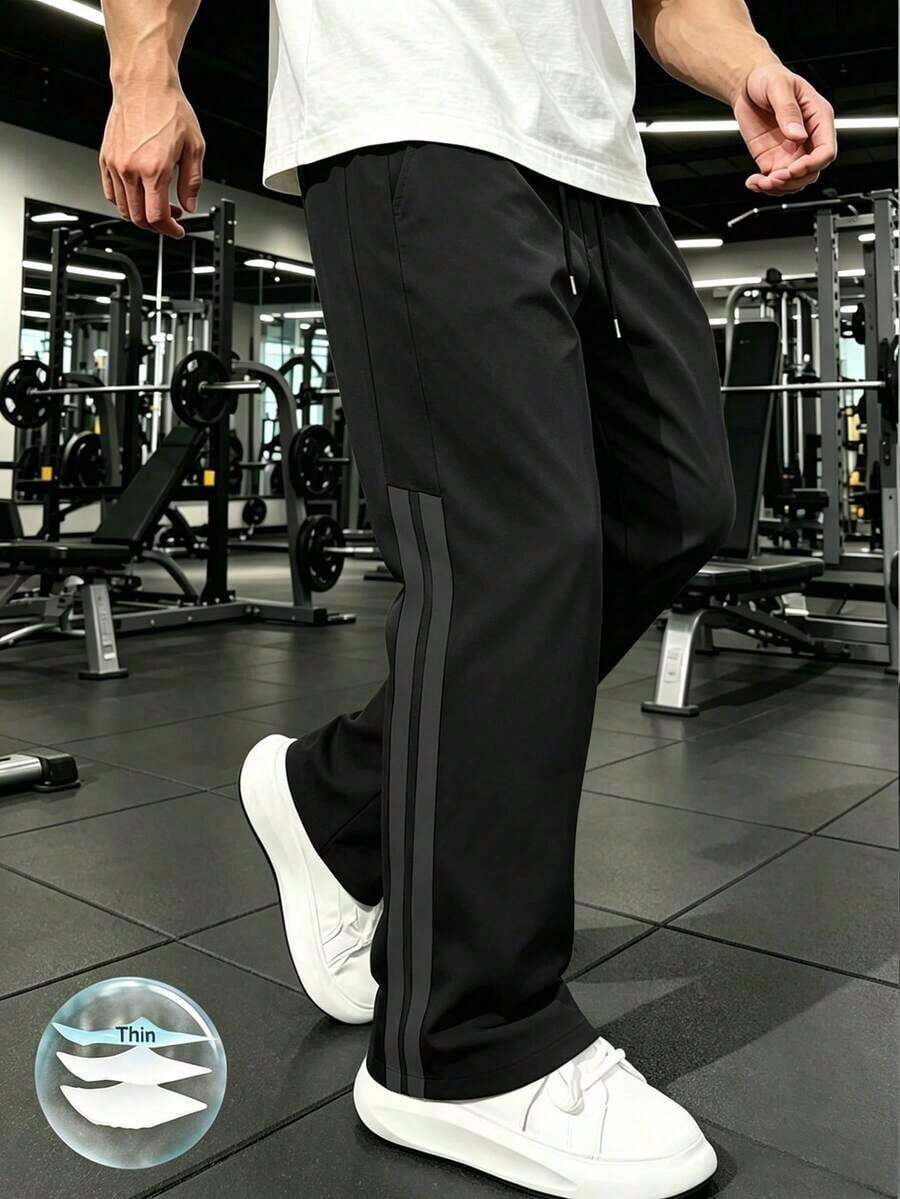 1 pieza Pantalones rectos casuales y sueltos para hombres, pantalones deportivos para primavera/verano para correr, actividades al aire libre, senderismo, trotar, fitness, ropa urbana, playa, viajes diarios, pantalones rectos con rayas de moda, otoño - Gris Claro - Ver 1