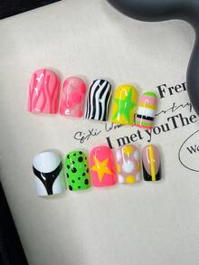 10pcs Handcrafted Y2K Square Press On Nails Set, Pink And Yellow Nails With Hand Drawn Colorful Stripes, Black Polka Dot Design, Pink Snake Pattern And Star Decoration - Nhiều màu - Xem 1