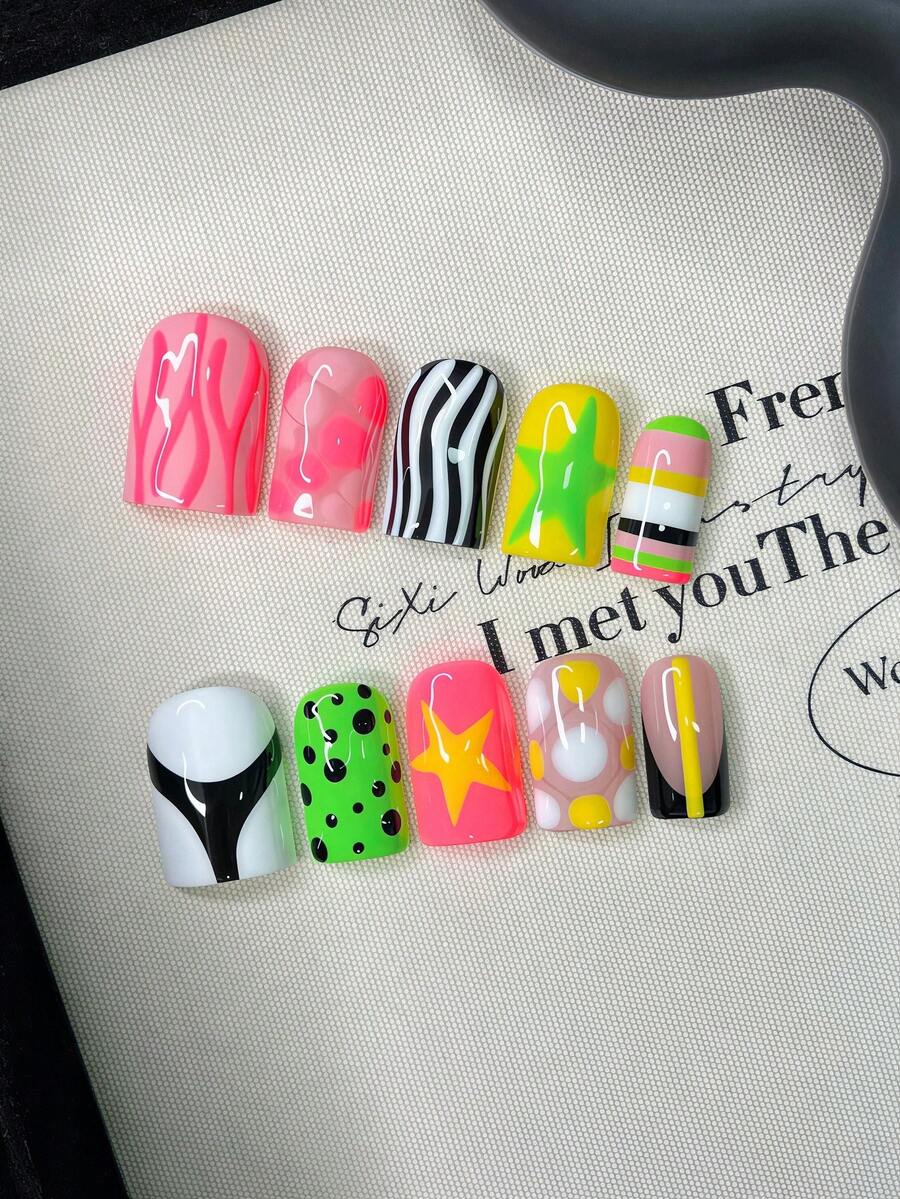 10pcs Handcrafted Y2K Square Press On Nails Set, Pink And Yellow Nails With Hand Drawn Colorful Stripes, Black Polka Dot Design, Pink Snake Pattern And Star Decoration - Nhiều màu - Xem 1