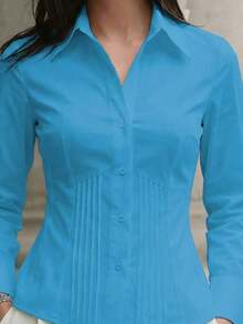 1 pieza Camisa de manga larga de ajuste delgado, elegante y casual con botones de un solo color, adecuada para la oficina, el hogar, el uso diario y las citas, todo el año, color blanco primaveral - Azul cielo - Ver 3