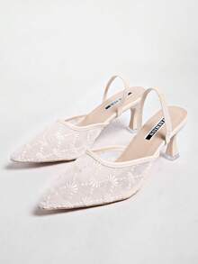 New Chinese Style White High Heel Mules, Pointed Toe Lace Embroidery Convertible Sandals For Women - White - View 2