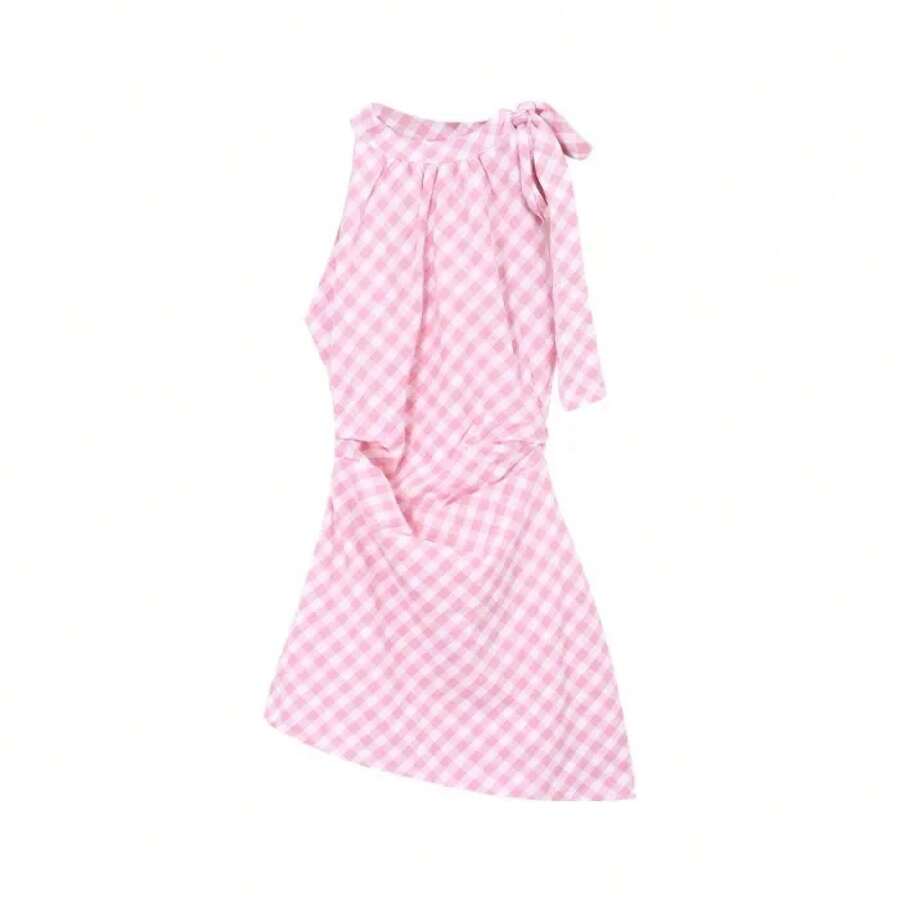 Vestido Rosa a Cuadros con Lazo en el Cuello para Mujer, Estilo Veraniego, Sensual y Atrevido, Falda Corta Irregular con Cintura Ajustada y Efecto Bodycon - Enrejado rosa - Ver 1