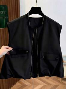 Chaleco corto sin mangas para mujer, con dobladillo de burbuja de unicolor fresco de otoño, cuello redondo con cremallera, de moda y versátil, ajustado para vacaciones de verano - Negro - Ver 6