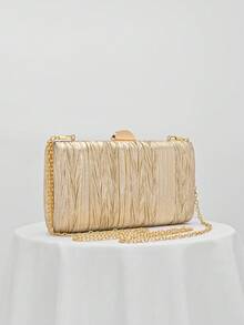 1pc Shiny Gold Pleated Elegant Small Clutch Bag, Rhinestone Chain Strap Fashion Handbag For Women, Suitable For Evening Gown, Formal Party, Wedding, Cocktail Party, Gift For Ladies - Gold - View 6