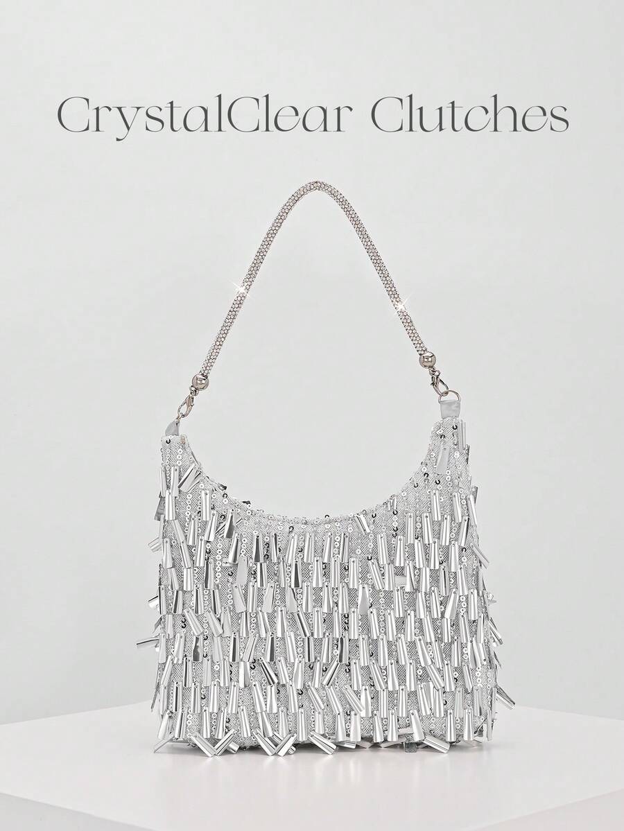 Elegant Shiny Solid Color Pendant Patchwork Handbag, Fashion Retro Chain Shoulder Bag, Mini Clutch Purse, Suitable For Party Girls, Brides, College Students, Career Women, Perfect For Party, Wedding, Matching Accessories, Pattern Randomly Sent - Silver - View 1