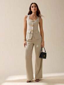 Tall Conjunto de 2 piezas de chaleco y pantalones de unicolor elegante para commuter for mujeres - Caqui - Ver 2