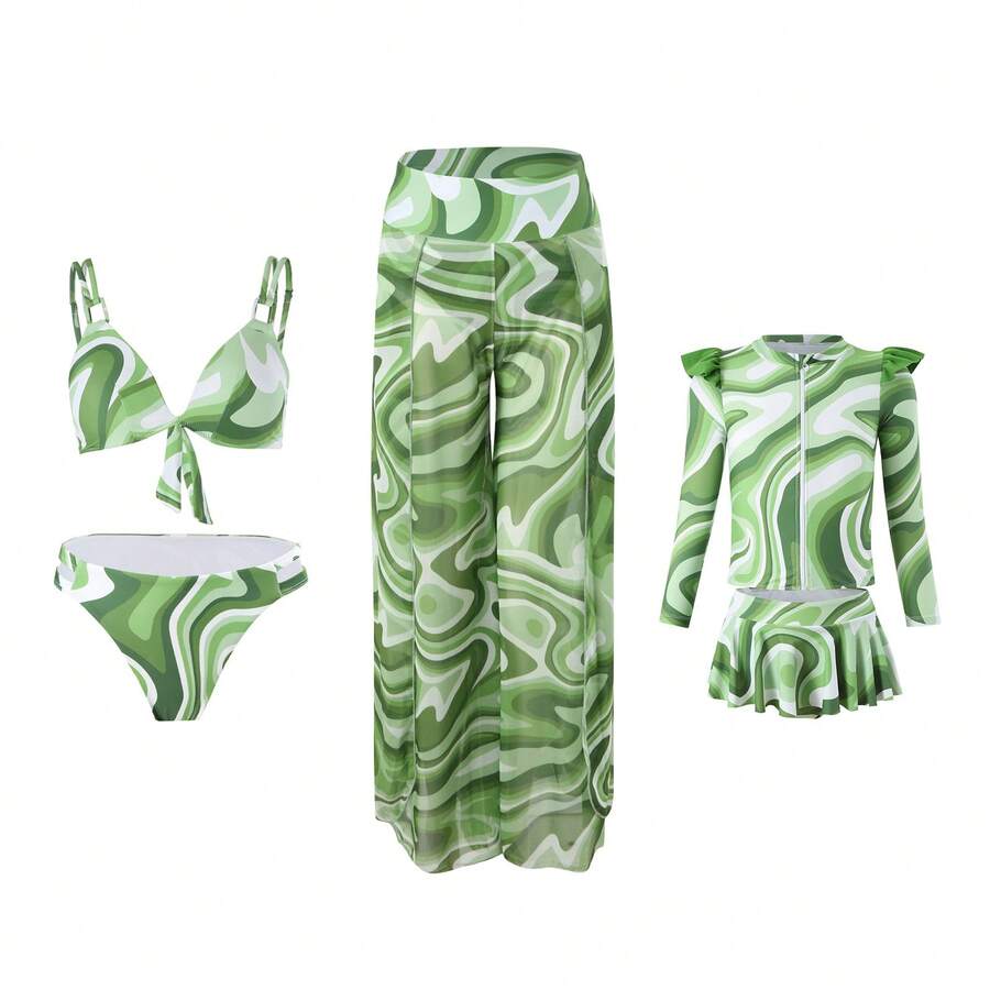 New Three-Piece Bikini Set With Mesh Print And Long Swim Pants. - Green 3-piece Set - View 1