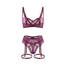 3pcs Sexy Wine Red Sheer Mesh Lingerie Set, Underwire Bra With Garter Belt - Purple - View 1