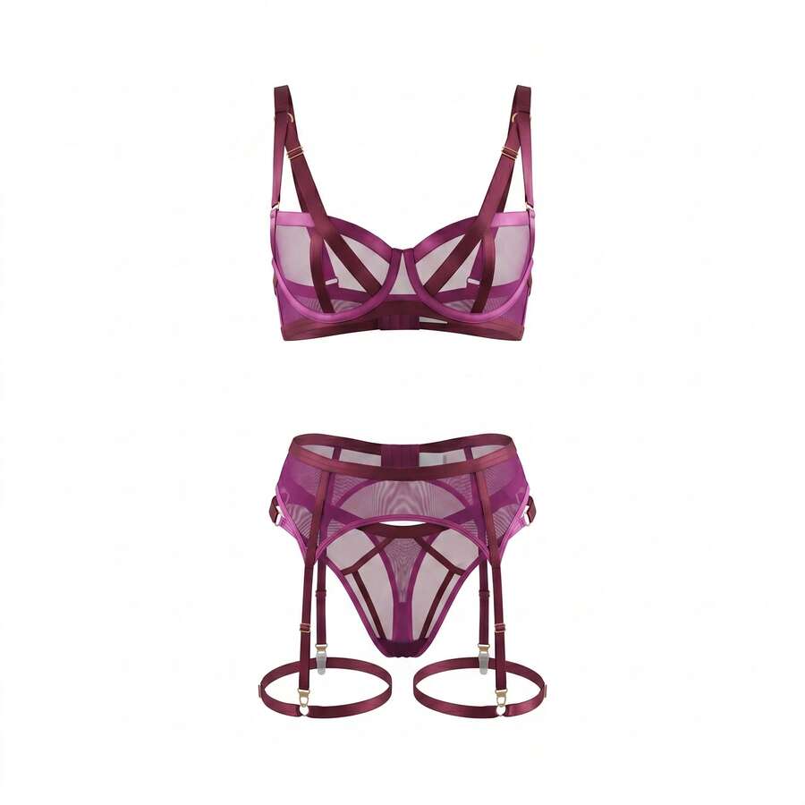 3pcs Sexy Wine Red Sheer Mesh Lingerie Set, Underwire Bra With Garter Belt - Purple - View 1