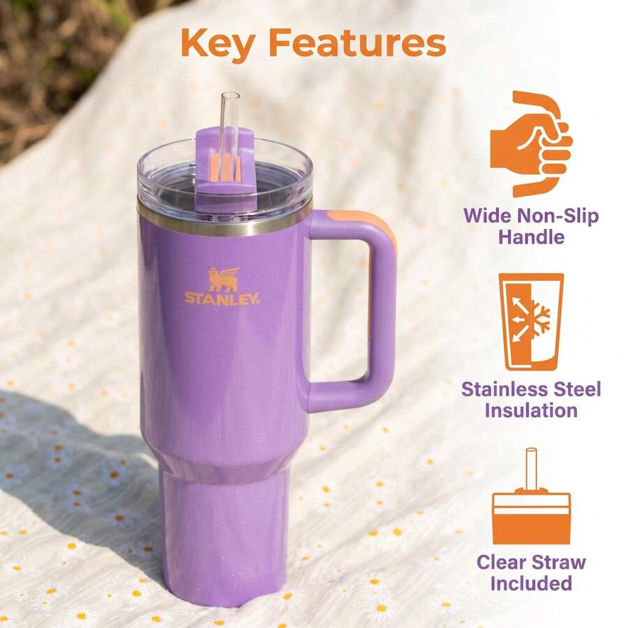 Premium Dreamy Purple STANLEY Quencher 2.0 FlowState 40 Oz Vacuum Insulated Travel Tumbler Ergonomic Non‑Slip Handle Splash‑Proof Sealed Design Soft Aesthetic Ideal Holiday Gift Large‑Capacity Stainless Steel Straw Cup For Office Home Outdoor Hiking - Màu tím - Xem 1