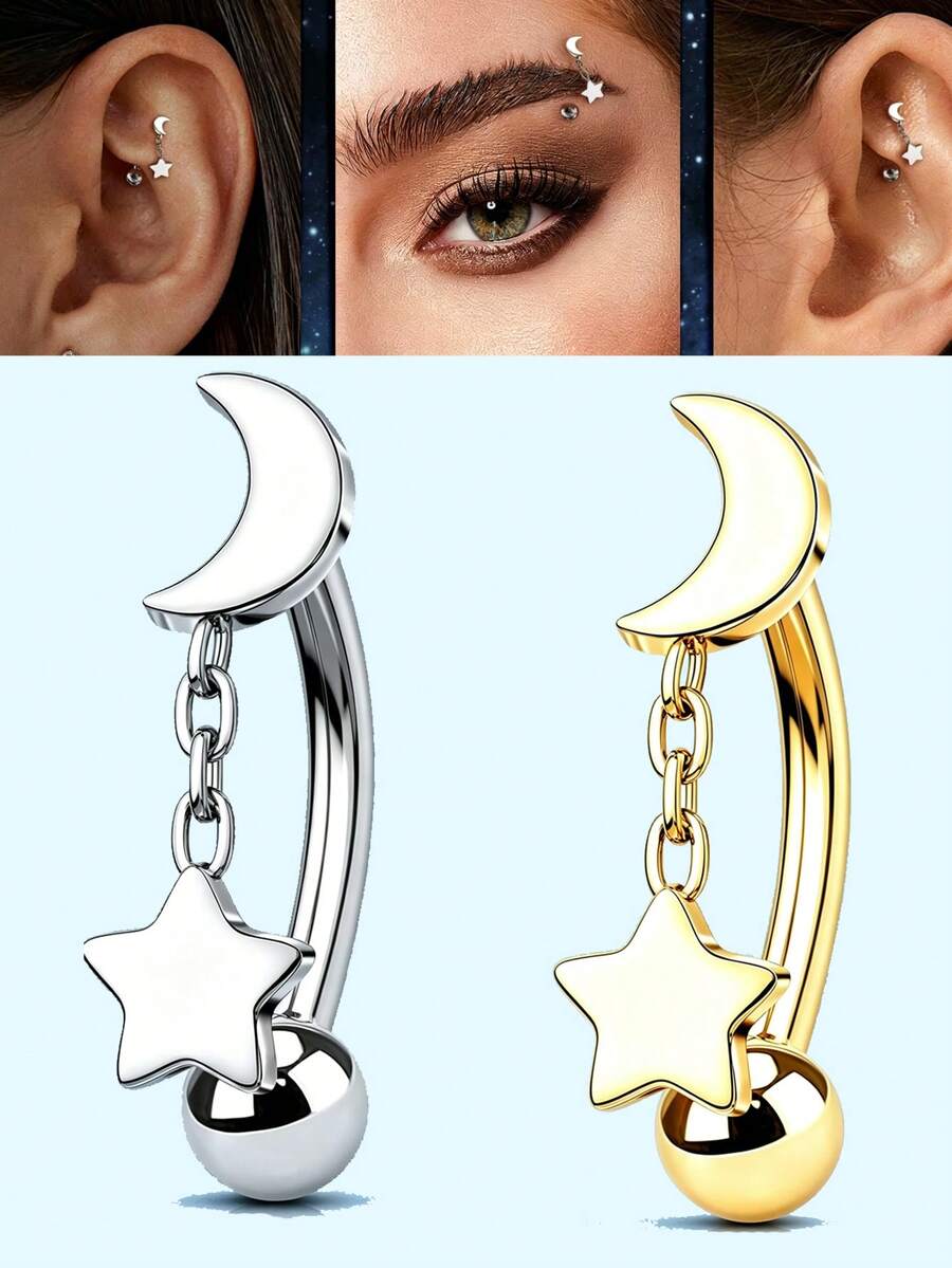 Pendientes de aro con colgante de luna y estrella de acero inoxidable 316L de 16G para perforación de ceja y oreja rook para mujeres, joyería de barra curva para perforación - estrellas y luna - Ver 1