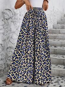 Pantalones de Pierna Ancha con Cintura Elástica y Estampado para Mujer - Estampado de leopardo azul - Ver 5
