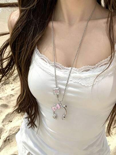 SANRIO 1 chiếc mặt dây chuyền tai nghe Hello Kitty hoạt hình dễ thương bằng thép titan, dây chuyền dài hạt tròn kiểu dáng độc đáo, sáng tạo, thích hợp cho lễ hội âm nhạc, dây chuyền thời trang đa năng dành cho nữ.