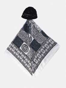 Bộ 1 băng đô và khăn trùm đầu cho nữ, họa tiết hoa điều, đa năng, dùng để chăm sóc tóc, phù hợp sử dụng hàng ngày. - Hoa đen trắng - Xem 2