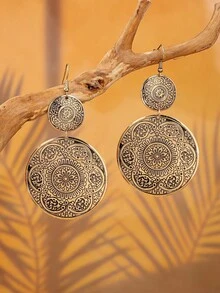 2 Peças Brincos Redondos Entalhados Vintage Boêmios, Design Bicolor Único, Adequado para Uso Diário e Festas - brincos redondos esculpidos - Visão 5