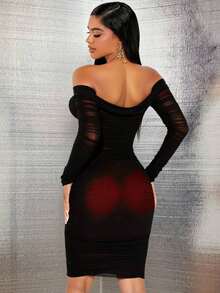 asdSHEIN  Vestido de hombros descubiertos de malla para mujerasd 021S - Burdeos - Ver 2