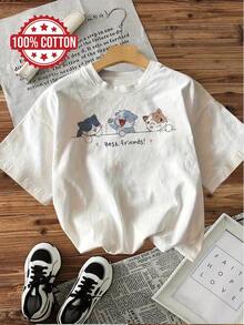 Minimalist. 100% Cotton. 1 Piece. Casual Short-Sleeved Round Neck T-Shirt, "Three Cute Cats Best Friends" Print, 100% Cotton, Suitable For Summer And Spring, Women's Clothing. Spring/Summer Top. - 白色 - 查看 1