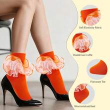 Women Big Ruffle Ankle Socks Adult Fluffy 4-Layer Lace Frilly Socks Fold Cuff Cotton Fancy Ruffled Dress Sock - Orange - 1 Pair - View 5