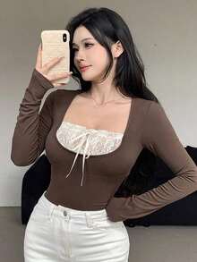 Camiseta de manga corta con bloques de color para mujer, Tops cortos para mujer, Tops lindos para mujer - Marrón - Ver 5