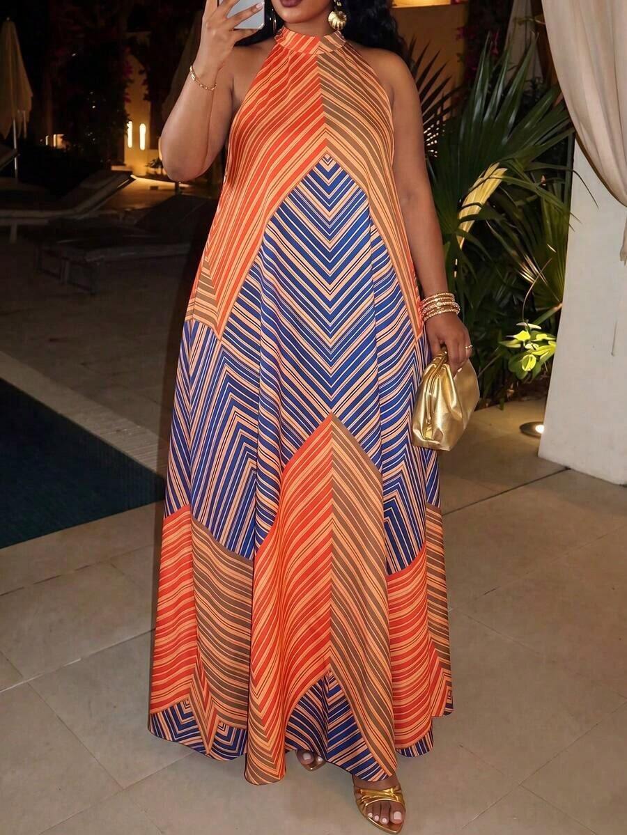 Veslaya Vestido largo de cuello alto sin mangas con estampado africano en línea A para mujer de talla, adecuado para festivales deúsica, Pascua, fiestas de cumpleaños, temporada de graduación, estilo universitario, uso diario casual, vacaciones, cruceros, playa, tomar el sol, virales, estilo callejero, invitada de boda bohemia, ir al trabajo, brunch, aeropuerto, fiestas, salidas festivas, banquetes elegantes, bailes, uso casual, clubes nocturnos de lujo - Multicolor - Ver 1
