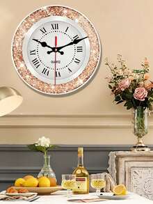 1pc 2D Flat Rose Gold Diamond Roman Numeral Pattern Round Wall Clock - Suitable For Bedroom, Living Room, Office, Kitchen And Bathroom Decor - 12/14 Inches (Batteries Not Included) - Multicolor - View 2