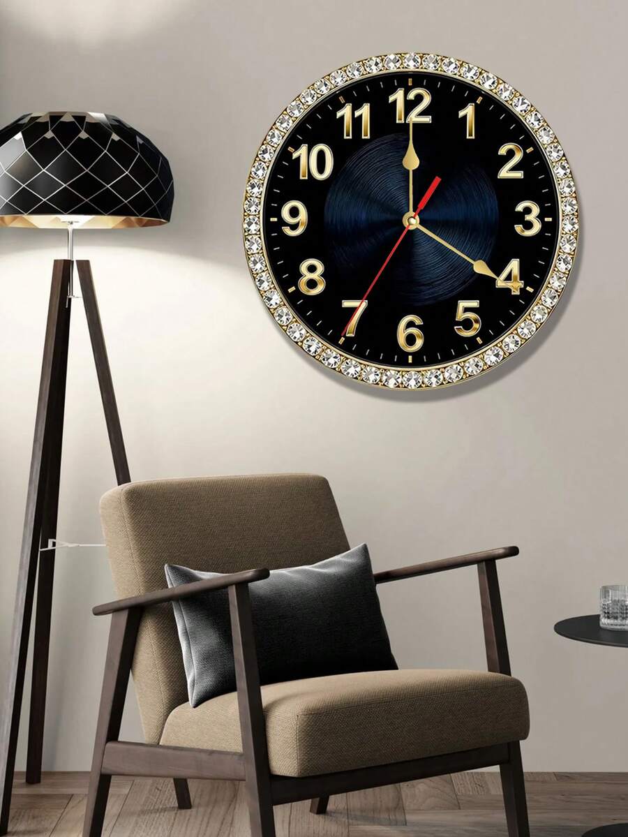 1 pieza Reloj de pared de lujo con marco de rombos negro y dorado, diseño plano 2D - Adecuado para decoración de dormitorio, sala de estar, oficina, cocina y baño - 10/12 pulgadas (Baterías no incluidas), diseño plano 2D - Multicolor - Ver 1