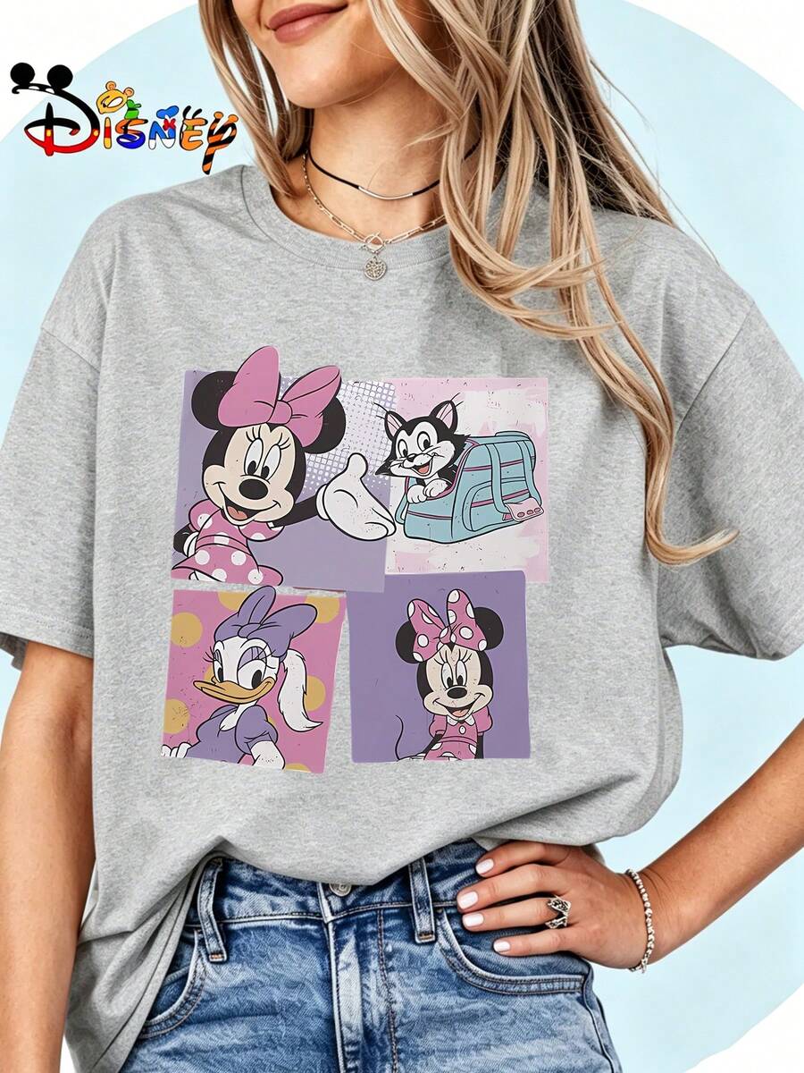 Breathable Cotton Minnie & Daisy Fan Tee | Minnie Mouse, Daisy Duck And Pet Cat Quad Panel Print | Cute Disney Pullover Shirt - Xám - Xem 1