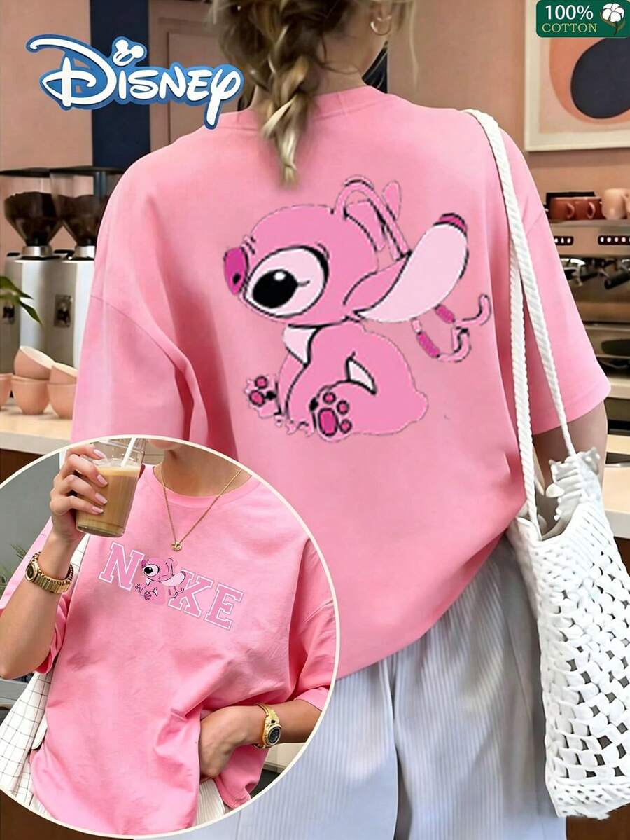 This Women's T-Shirt Features A Design Inspired By Disney, Incorporating Brand-New, Patterns From The Stitch Collaboration. Made From 100% Cotton, This Casual T-Shirt Is The Perfect Choice For Spring And Summer. It Makes An Excellent Gift For Holidays Or Birthdays. - 粉色 - 查看 1