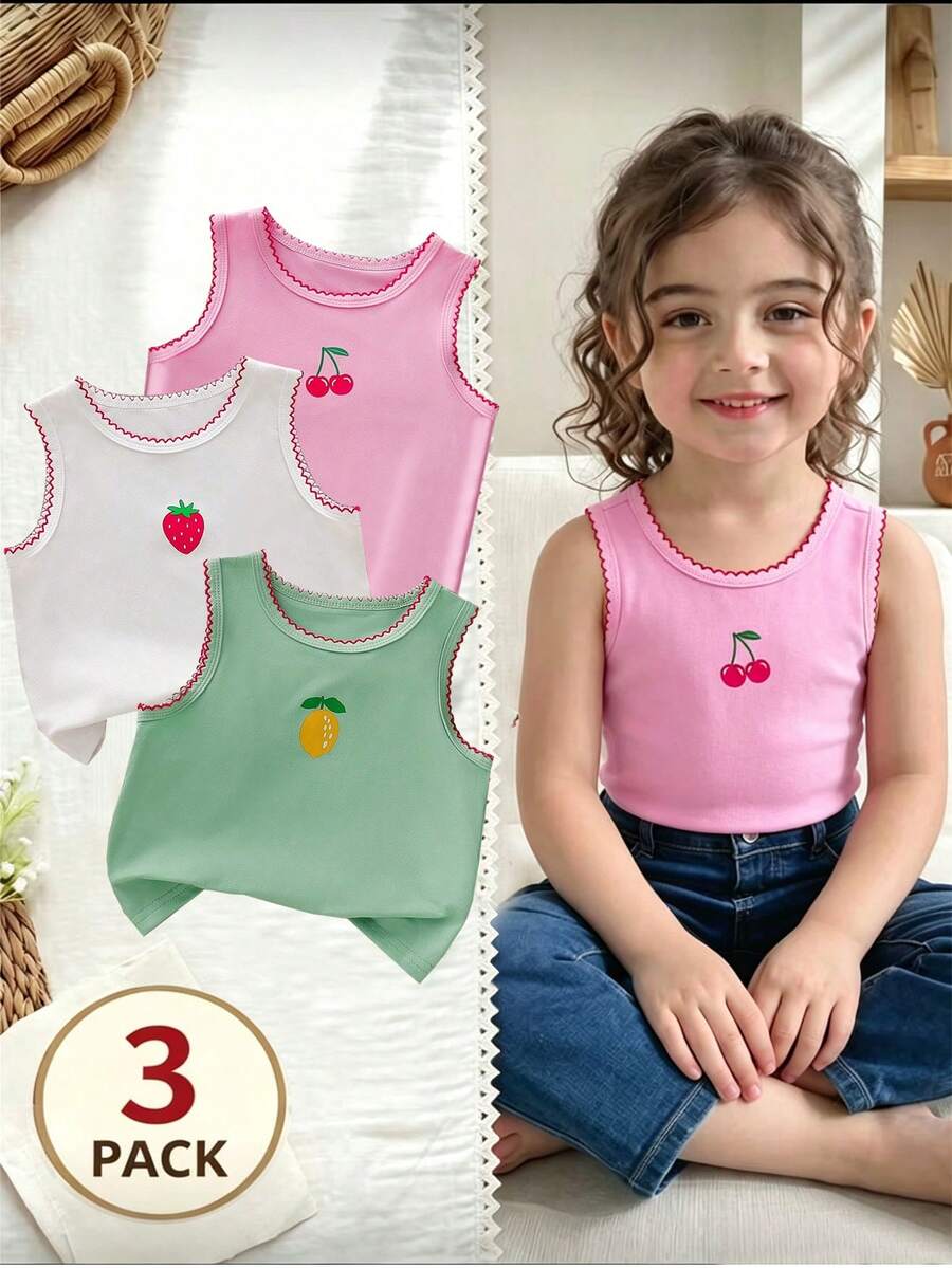 3pcs Girls' Summer Casual Fruit Print Sleeveless Top Vest Set, Versatile Ins Style Daily Wear - Multicolor - View 1