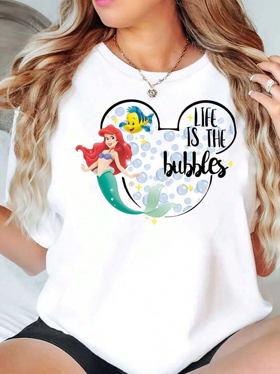 Ariel And Flounder In Mickey Mouse Shape With Bubbles And Life Is The Bubbles Text Disney Women T Shirt Round Neck Short Sleeve Casual Wear For Everyday And Summer Festivals Soft Comfortable 220g - 白色 - 查看 1