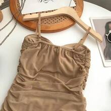 Vestido de moda para mujer con nudo cruzado y almohadillas en el pecho, falda corta, estilo coreano, cintura alta, sin... - Caqui - Ver 3