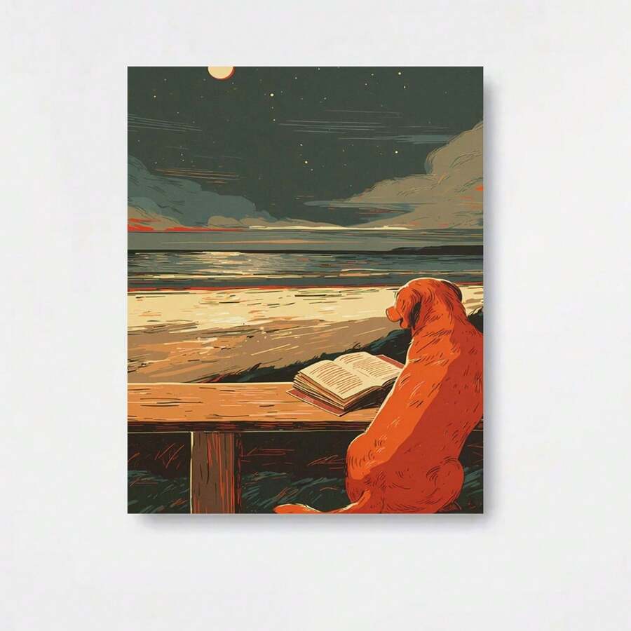 Pintura Decorativa Plana 2D, 2D Plano, 2D Plano, 1 pieza, Sin Marco, Multi- Opcional, Póster de Golden Retriever Leyendo a Noche, Arte de Pared Caprichoso de Animales Oceánicos al Lucir de la Luna, Regalo Único para Amantes de los Perros, Póster Creativo Imaginativo - Enmarcado - Ver 1