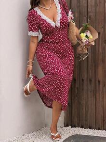 Vestido de encaje floral rojo vintage con escote en V, vestido romántico francés de cintura ceñida y longitud hasta la rodilla, con vibra de vacaciones - Burdeos - Ver 2