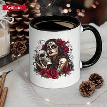 [24-Hour Shipping Within Mexico] Double-Sided Printed Mug, 1 Piece, An 11-Ounce Ceramic Coffee Mug With A Day Of The Dead Sugar Skull And Rose Design, Dishwasher , Showcasing A Unique Work Of Art, Making It A Great Gift For Loved Ones, Perfect For Holidays Or Parties. - 3 - 查看 2