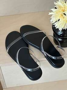 Women's Minimalist Transparent Strap Flat Sandals For Summer - Black - View 3