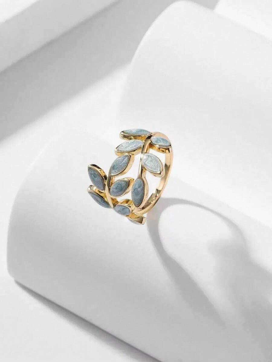 Andkiss Open Ring With Leaf Design - Blue - View 1