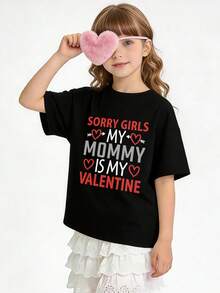 Summer Casual Soft Round Neck Short Sleeve Girl's T-Shirt,Valentine's Day Mom Quote Print Graphic Suitable For Daily Wear.White - 黑色 - 查看 4