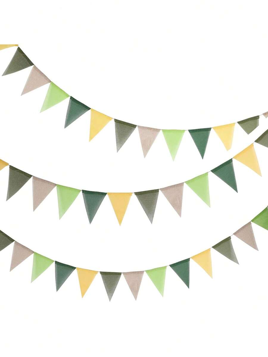 4m Green-Yellow Ombre Linen-Like Triangle Pennant Flags Bunting Set, Suitable For Outdoor Camping Tent Decor, Picnic, Birthday Party, Storefront Display, Reusable Garland For Cozy Atmosphere - A - View 1