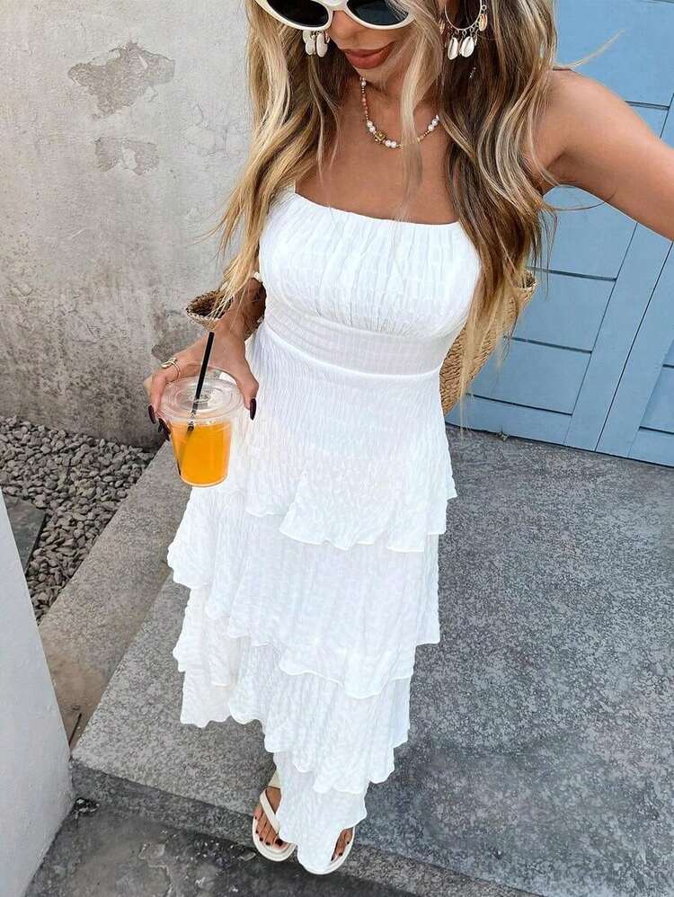 xheVivid Eden Vestido de verano con volantes en el bajo para mujerxhe - Blanco - Añade 2