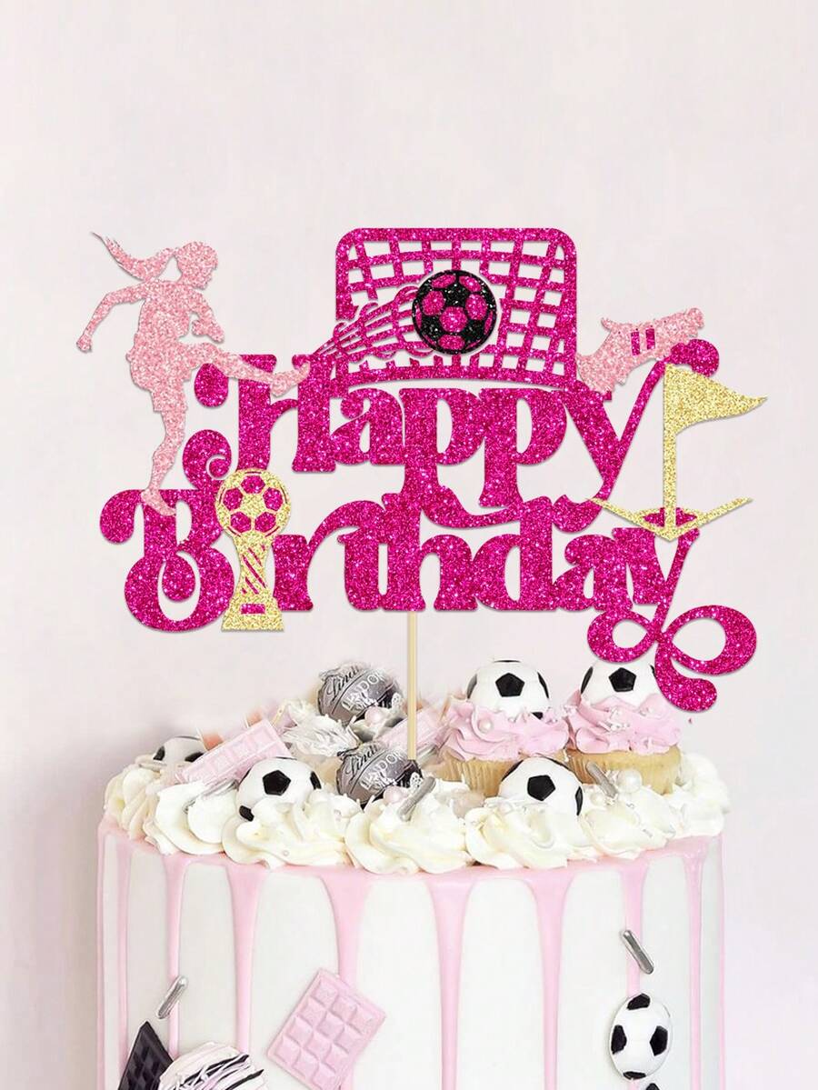 1pc Rose Red Glitter Football Birthday Cake Topper, Sports Theme Girls Birthday Party Decoration - Hot Pink - View 1