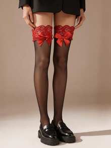 1 Pair Women's Black Transparent Thigh-High Stockings With Red Lace Trim And Bow, Sweet Gothic Lolita Style, High Elasticity, Suitable For Lolita Style And Night Wear - Multicolor - View 1