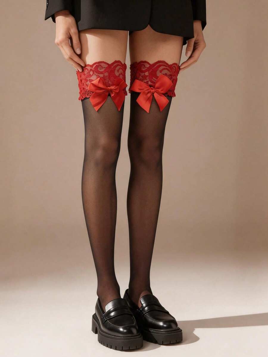 1 Pair Women's Black Transparent Thigh-High Stockings With Red Lace Trim And Bow, Sweet Gothic Lolita Style, High Elasticity, Suitable For Lolita Style And Night Wear - Multicolor - View 1