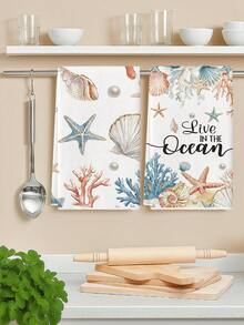2 buah Handuk Dapur Motif Kerang, Bintang Laut, Karang, dan Mutiara, Tema Laut Cat Air, Handuk Piring untuk Dapur, Handuk Tangan, Handuk Teh, Cocok untuk Dapur Rumah Pertanian, Dalam Ruangan, Mencuci Piring - Blue and White - View 3