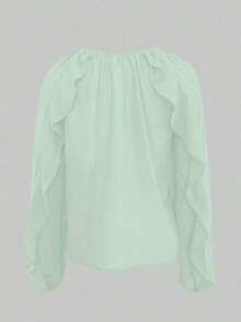Blusa casual de gasa con cuello en V elegante, manga larga, con volantes y botones asimétricos, para el verano - Verde - Ver 9
