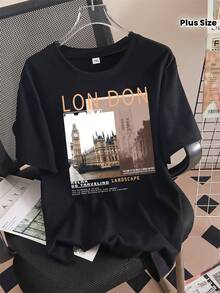 Plus Size - Plus Size - Fashionable Printed Short-Sleeve Black Round-Neck T-Shirt For Women In Plus Size - 黑色 - 查看 1